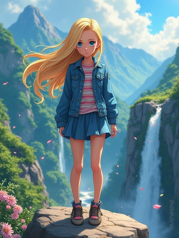 Anime-style portrait of a character on a rocky cliff. Character has blonde hair flowing in the wind. Blue eyes are bright and vivid. Outfit features blue denim jacket, striped shirt, and skirt. Behind character, waterfalls are cascading down lush green slopes. Flower petals and glowing particles drift in the air. Sunlight casts soft rays on the scene. Textures are rendered in high detail. Cinematic framing emphasizes the dramatic landscape.