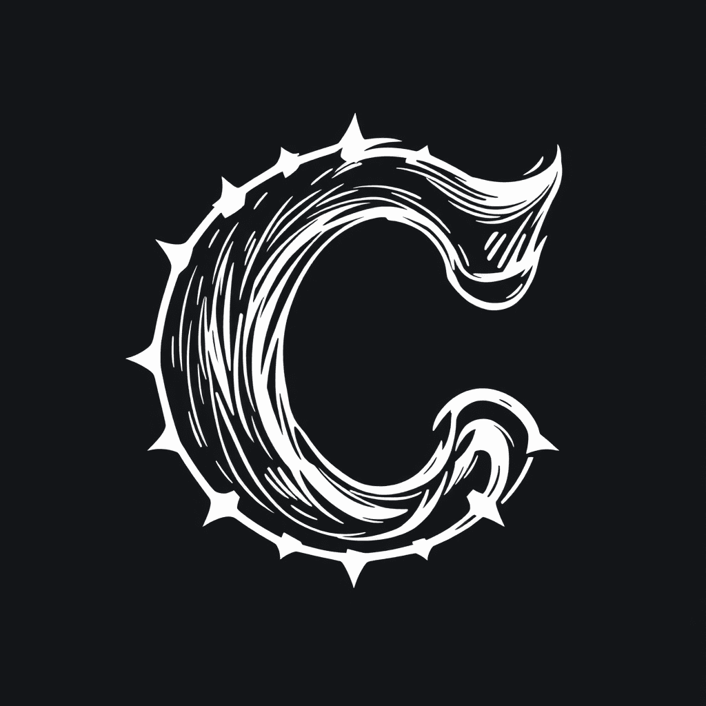 The image features a bold, stylized letter 'C' against a black background. The letter is designed with rough, textured strokes that resemble brushwork, giving it a dynamic and artistic appearance. The outer part of the 'C' incorporates a series of pointed, thorn-like extensions, adding an edgy and aggressive touch to the design. The interior of the letter is filled with intricate, swirling patterns that enhance its visual complexity and depth, while maintaining a monochromatic white and black color scheme. This artistic interpretation of the letter 'C' conveys a sense of creativity and boldness.