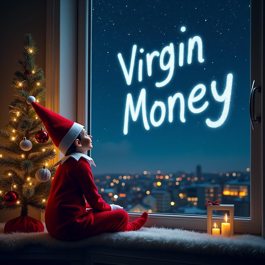 The scene shows a child dressed as an elf sitting next to a beautifully decorated Christmas tree. They are gazing out a window into the night sky, where the words 'Virgin Money' are written in light. The atmosphere is warm and festive, enhanced by soft lighting from the tree and a candle on the window sill. This imagery creates a sense of wonder and holiday spirit. It's a perfect blend of Christmas joy and a nod to financial messaging. The child's expression shows fascination and excitement as they watch the magical display.