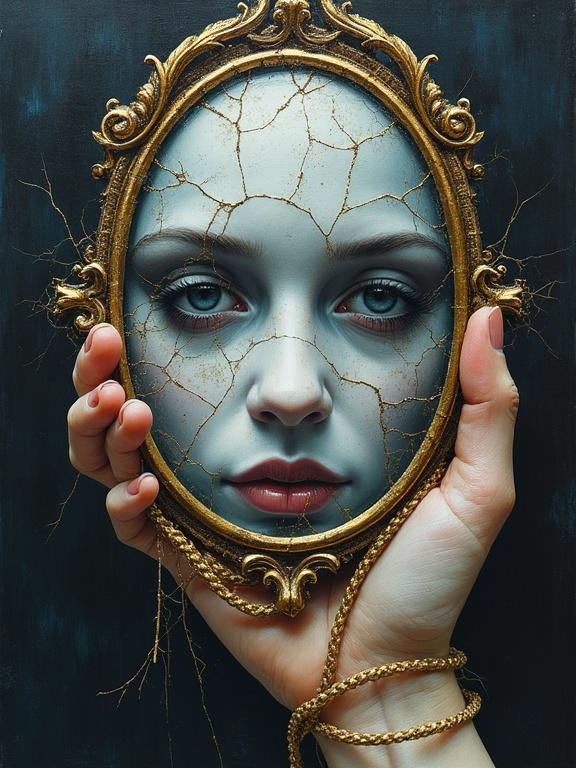 An oil painting featuring a handheld mirror with cracks. Each crack is held by delicate gold filaments. The mirror reflects an abstract image. The background is dark and textured. A hand is holding the mirror delicately. The style is rough with watercolor techniques.
