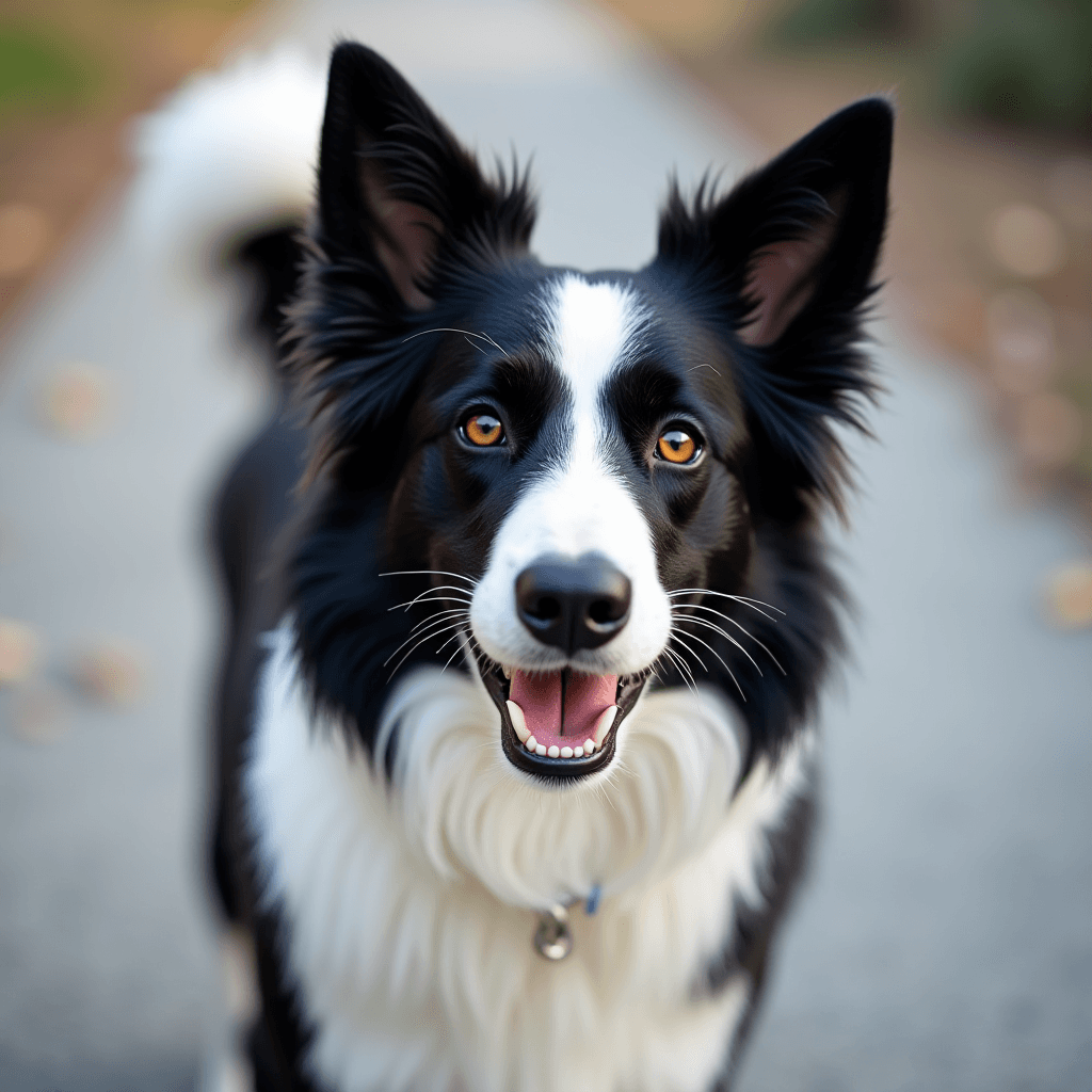 A black and white dog with bright eyes stands on a path, looking cheerful and alert.