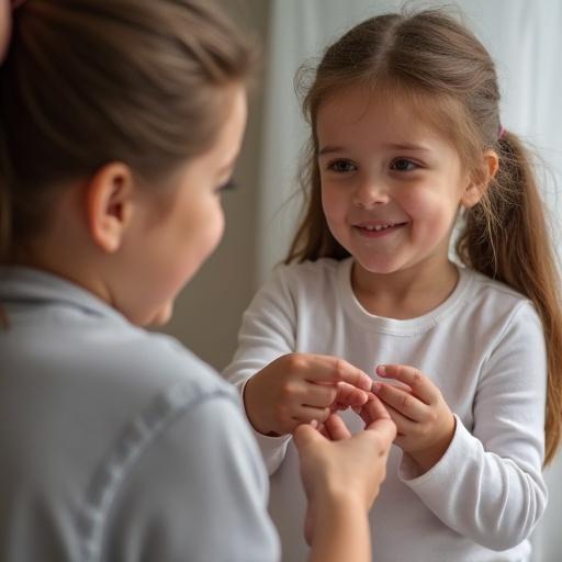 Happy girl smiles while inspecting the sole of her friend's foot. Two young girls interact joyfully. The setting appears relaxed and friendly.