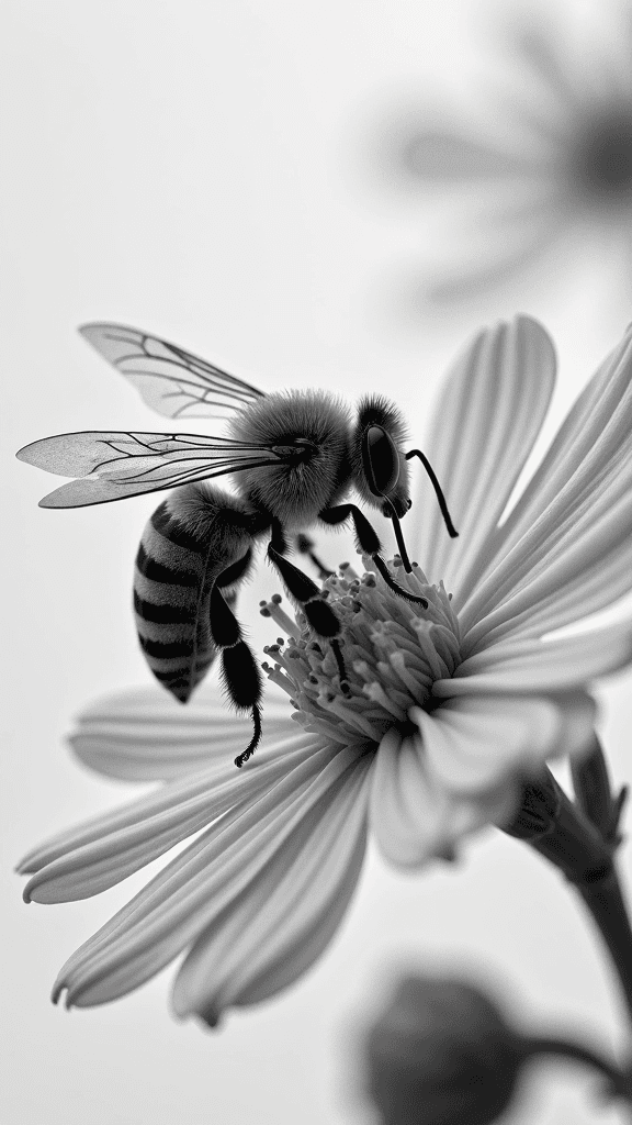 A detailed black and white image of a bee delicately collecting pollen from a flower in sharp focus.