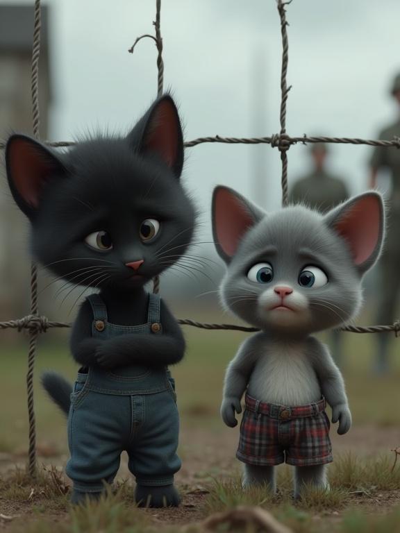 Pixar-style 3D animation featuring a cute black kitten wearing overalls and a cute grey kitten in plaid shorts. Kittens stand behind a wire fence, both with an emotional expression. Gloomy overcast sky and soldiers are visible in the background walking away.