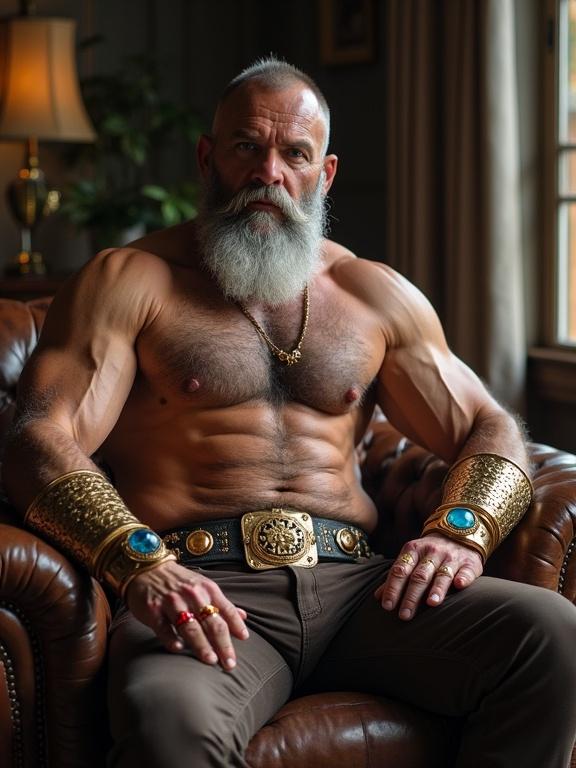 Photo features a mature man with defined muscular physique. He poses sitting on Chesterfield sofa. Luxurious living room as background. Full well-styled gray beard reaching chest. Leather pants secured by cowboy buckle. Rings with blue and red stones on fingers. Thick ornate gold bracelets on arms with ritualistic meaning. Intricate details. Natural light enhances the scene.
