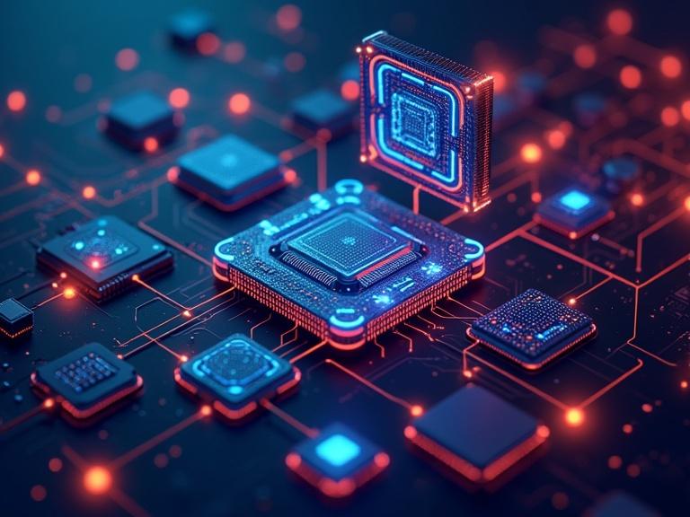 Banner for an electronics store. Features a digital circuit board with glowing microchips and a central microprocessor. High-tech and modern aesthetic.