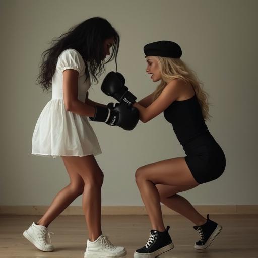 Two women engaged in boxing fight. One has black hair in a white dress. The other has blonde hair wearing a black body suit and beret. They are angry and competing. Their bodies are intertwined. White women's shoes are on the floor. Serious expressions.