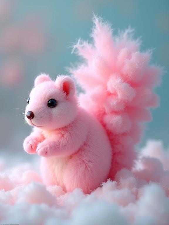 A playful squirrel made of pink cotton candy in a fluffy white setting