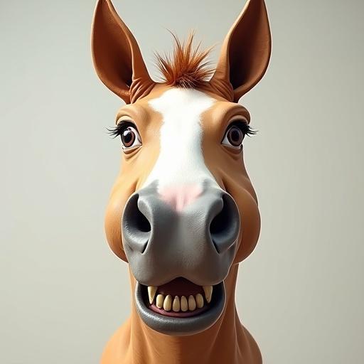 Goofy horse face with floppy lips, crooked teeth, white and tan colors, front view.