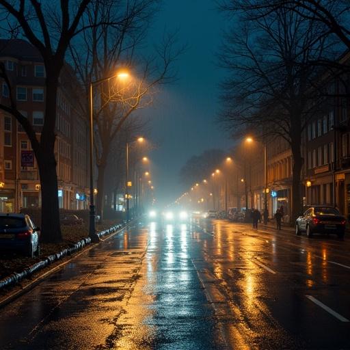 Large street crowded at night with rain and traffic