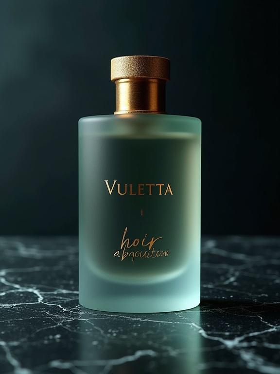 A luxurious niche glass perfume bottle design. Frosted glass with a matte gold logo. Fragrance name scripted in metallic bronze. Gold-accented cap. Soft natural light on dark marble surface.