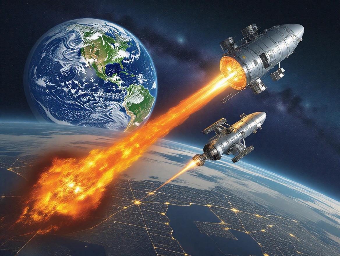 Realistic image of planet Earth flying through space like a comet with a large fiery tail resembling a comet