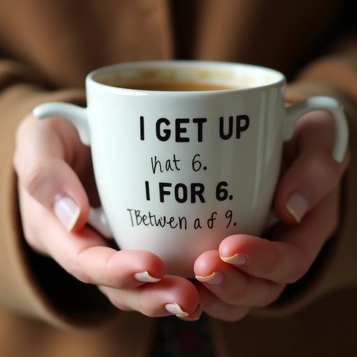 Lifelike image of a coffee cup with humorous text. The text includes multiple-choice answers about getting up in the morning. The cup is held by a person.