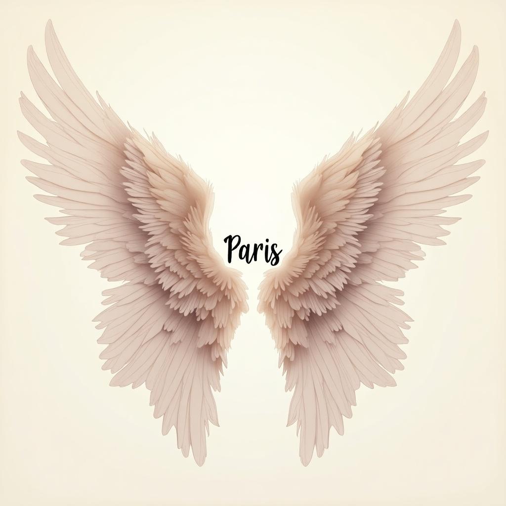 Angel wings illustrated in soft colors with the word Paris at the center. Focus on detailed feathers and smooth textures.