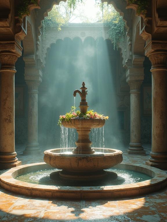 Hyper-realistic cinematic scene of ancient temple interior. Center sacred Shivling in ornate stone fountain. Water cascades over Shivling from overhead spout. Sunlight streams through collapsed ceiling. Wet reflective marbled floor catches shimmer of droplets. Ancient murals line stone walls. Creeping vines and moss indicate nature's reclamation. Deeply spiritual atmosphere with intricate carvings and drifting incense smoke. Mystical essence captured in frozen droplets.