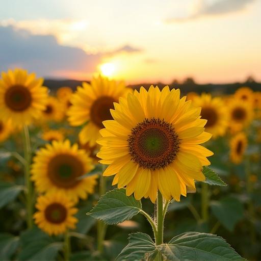 Fading sunflowers in a wild field during sunset. Sunflowers smile at the fading light. Lush green leaves surround vibrant yellow blooms. A beautiful sunset adds warmth to the scene.