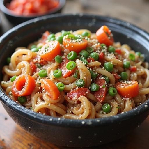 A delicious bowl of pasta featuring red tomatoes and green peas sprinkled with cheese. The dish is beautifully arranged. Display is inviting and appetizing.