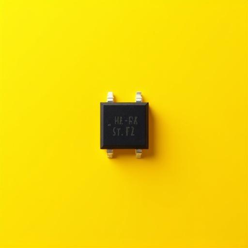 Minimal picture featuring a solid yellow color background with a black MOSFET transistor symbol at the center without any shadow.