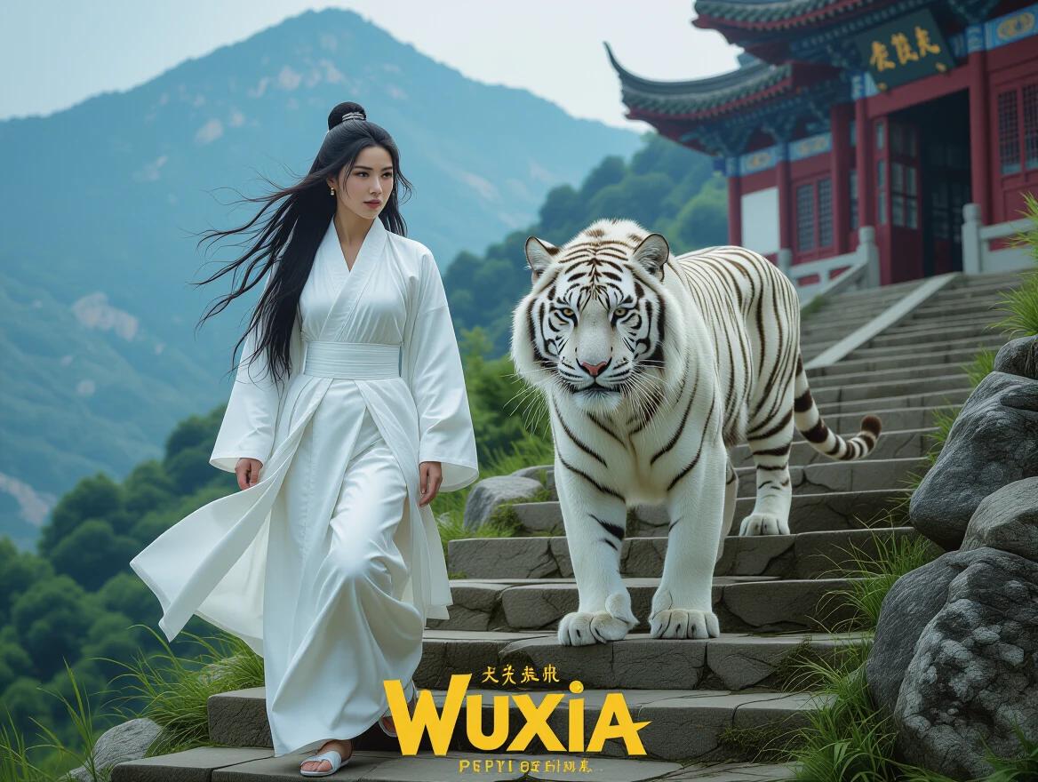 A woman dressed in white clothing walking beside a white tiger on a staircase. There is a mountain temple in the background. The scene captures an adventurous and mystical atmosphere, resembling an 80s action movie poster for Wuxia Portugal.