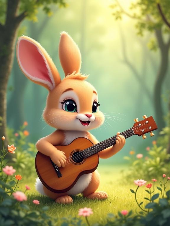A cute baby bunny with big eyes plays a small guitar in a vibrant, flower-filled forest. The art style is storybook-like with soft pastels and a whimsical atmosphere, presented in a 9:16 aspect ratio.