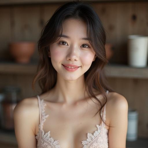 A young Asian female model holds a Christmas gift. She has soft eyes and a gentle smile. Wearing a lace short dress. Photo taken with a Nikon camera.