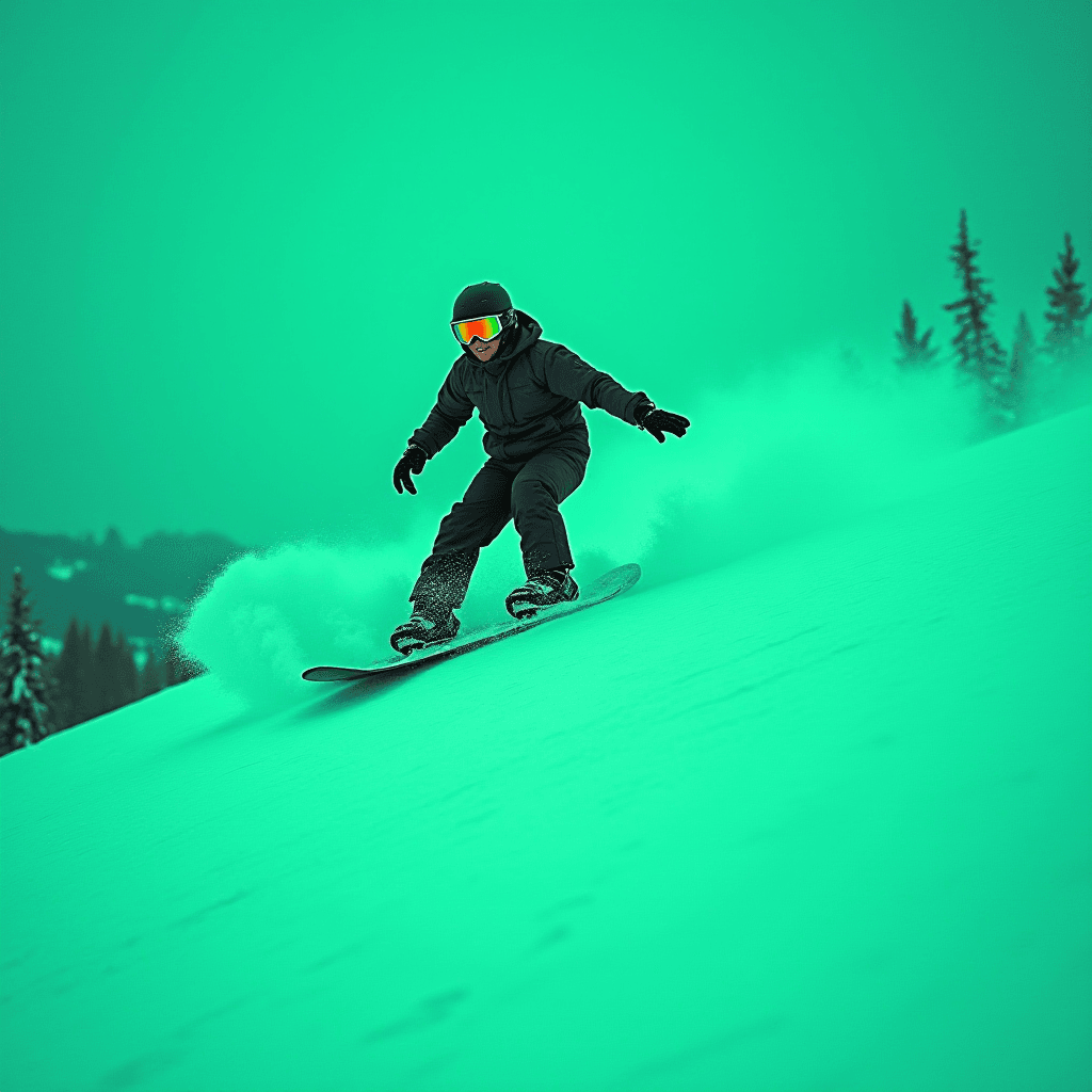 A snowboarder dressed in black gear carves through fresh powder on a snowy slope surrounded by a green-tinted winter landscape.