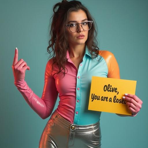 A realistic photo of a woman with multicolor clothes. She wears a tight-fitting buttoned latex shirt with a tie. Silver PVC latex leggings are underneath the shirt. Ankle boots are on her feet. She shows her middle finger with her arm outstretched while staring at the photographer. In her other hand, she holds a poster that says 'Olive, you are a loser.' She looks serious and points to her foot with one finger. She wears glasses and is serious in the photo.