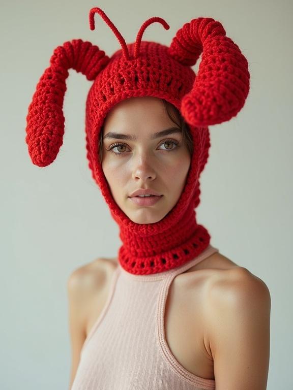Portrait showcasing a whimsical high fashion look. Young woman with soft features wearing red crochet balaclava inspired by lobster shape. The headpiece is oversized with exaggerated antennae and soft forms. She is dressed in a minimalist high-neck top. Shot from shoulders up in neutral studio. A lighthearted expression looking slightly away from the camera. Soft, even lighting enhances textures. Dreamy and stylish vibe blending avant-garde with playful innocence.