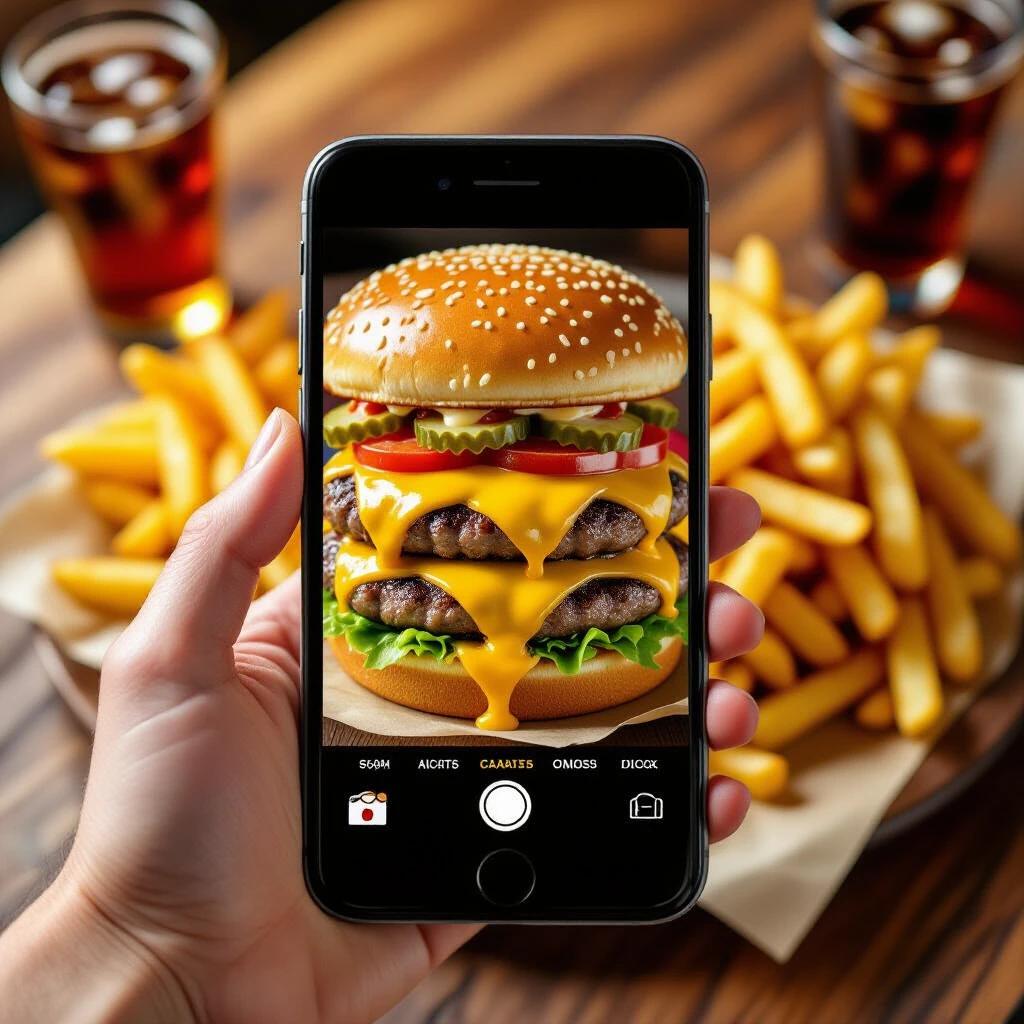 Realistic hand holds smartphone capturing giant cheeseburger stacked with ingredients. Vibrant colors displayed with fries and soda on a wooden table. Natural light enhances the appeal of the food. Shallow depth of field focuses on burger.