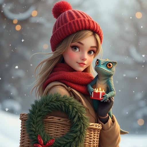 2D digital illustration set in a winter scene. A young woman with fair skin and dark blonde hair, wearing a red hat and warm clothing, holds a woven basket with a wreath. A chameleon sits on her arm, holding candles. Soft snowflakes are falling in a blurred snowy background.