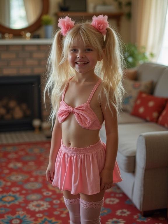 Child in pink outfit with long blonde hair and two ponytails stands smiling in a living room. Colorful rug and natural light enhance the joyful environment.