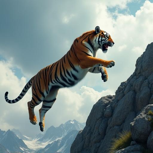 A tiger leaps from a mountain peak showcasing powerful muscles mid-air. Dramatic clouds fill the background. Image conveys wild energy and freedom. High resolution with cinematic lighting and realistic details.