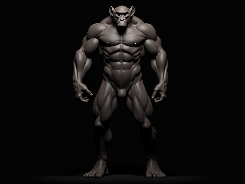 This image features a humanoid figure with exaggerated muscular features, resembling a mix between a human and a primate. The figure stands upright on two legs, showcasing a powerful physique with robust arms and legs. The skin is a dark tone, emphasizing the muscular definition across the body. The stance is confident, with one arm relaxed and the other slightly raised. The overall appearance seems to blend elements of strength and agility, creating a striking presence. The background is completely black, enhancing the focus on the figure.