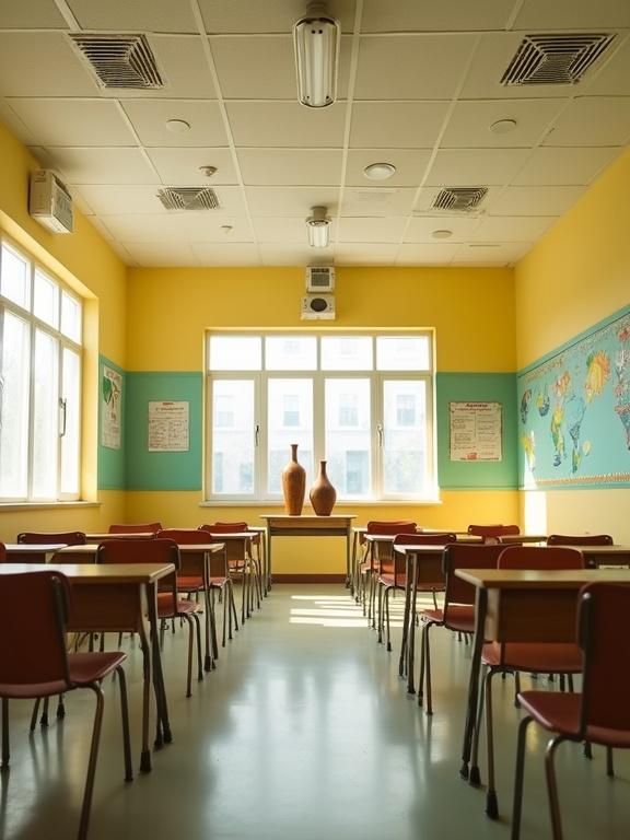 Photo of a classroom with sunlight streaming through large windows. Yellow-green walls and white ceiling tiles with air vents. Wooden desks and chairs arranged neatly. Two large vases placed on a table in the center. Handwritten notes visible on the windows. Colorful pictures and posters decorate the right wall. Reflective classroom floor. Warm and inviting atmosphere with a peaceful vibe. Casual and relaxed educational space during daytime with sunlight creating a warm glow.