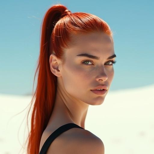 Close-up photo of a young woman with red hair in a desert. She has a slim build and is wearing a black tank top. Her hair is styled in a sleek ponytail. Bright blue sky and white ground are visible. Soft shadows around her face.