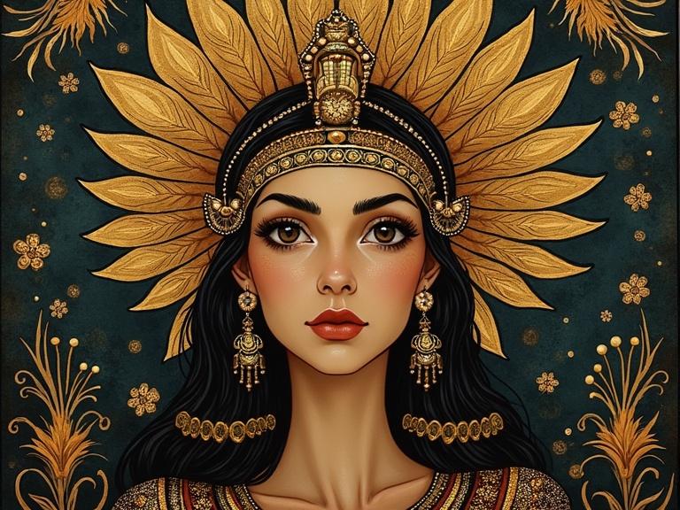 Fantasy art depicting a glamorous Cleopatra-inspired figure. The character has a detailed crown and ornate jewelry. Rich colors and intricate patterns surround her. Stylized background features gold and floral motifs.