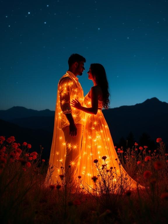 Silhouetted figures of a man and a woman in a field of wildflowers at night. Both wear transparent gowns that glow in the dark. Gowns adorned with vibrant orange flowers. Striking against dark starry sky. Figures close together; silhouettes illuminated by soft glow. Dreamy and ethereal quality. Background features distant mountains and starry sky for depth and mystery.
