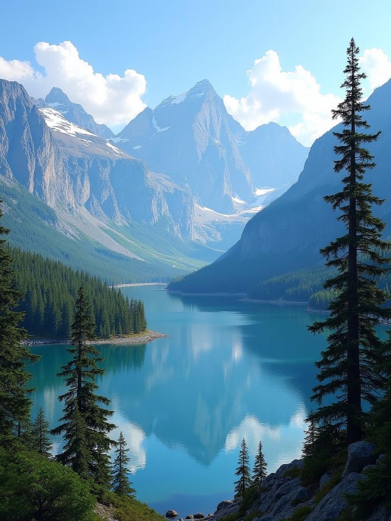 Landscape scene showcases tall mountains with snow peaks. Lake surrounded by lush green forest and pine trees. Clear blue sky with a few clouds. Reflections of mountains in calm water. Stunning view of untouched nature.