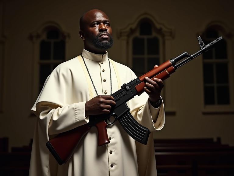 Image captures a man in a white papal outfit holding a combat rifle in a church setting. High contrast lighting accents the scene. Artistic themes blend history and realism.