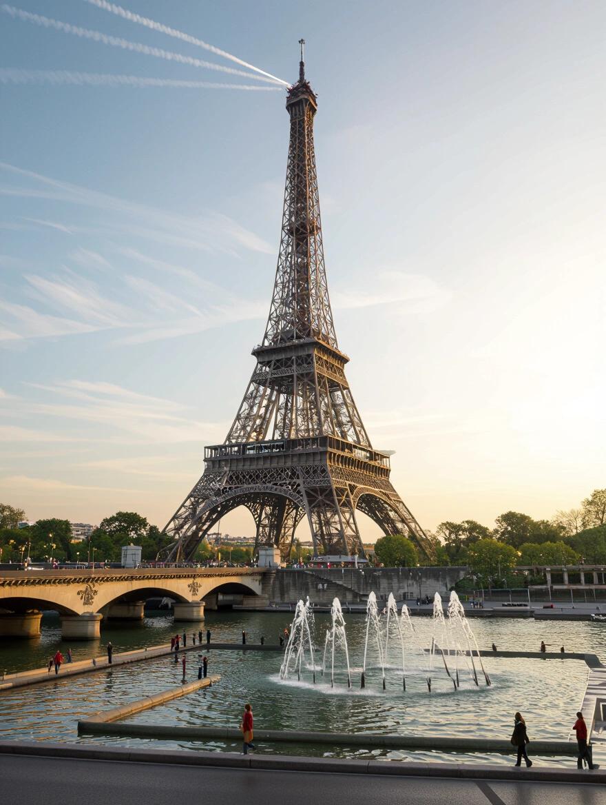 A realistic photo of the Eiffel Tower with fountains in the foreground and sunset lighting.