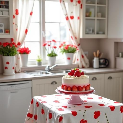 Cute white kitchen features cherry print towels curtains and tablecloth. Red flowers in white pots sit beside sink. A multi-layer cake featuring strawberries and cherries on a red and white cake stand rests on the table.