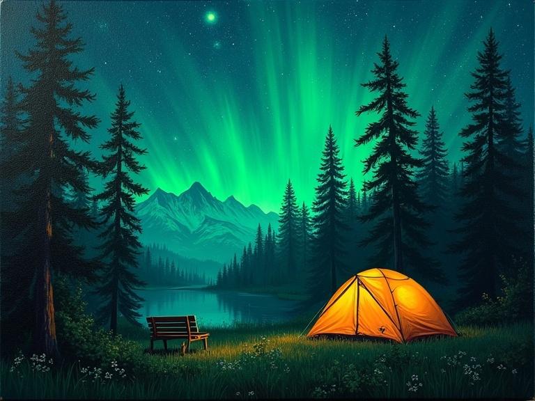 3D composition with oil painting on canvas lighting. Night camping scene in wild nature with neon green light.