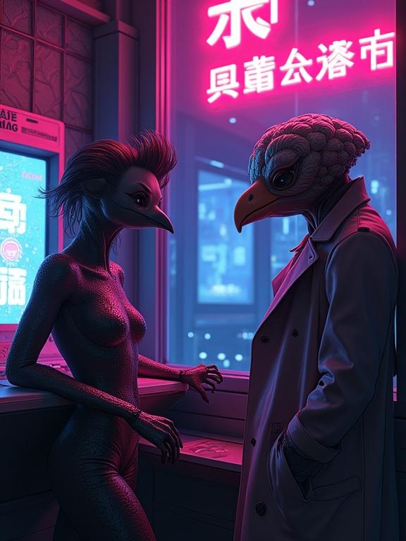 Cinematic portrait of anthropomorphic bird woman and humanoid with clam shell head in neon-noir setting. Engaged in conversation under glowing signs with bold shadows. Inspired by 90s anime and 80s dark wave aesthetics. Feathers gleam and shell reflects neon lights. Characters framed like a stylish movie poster.