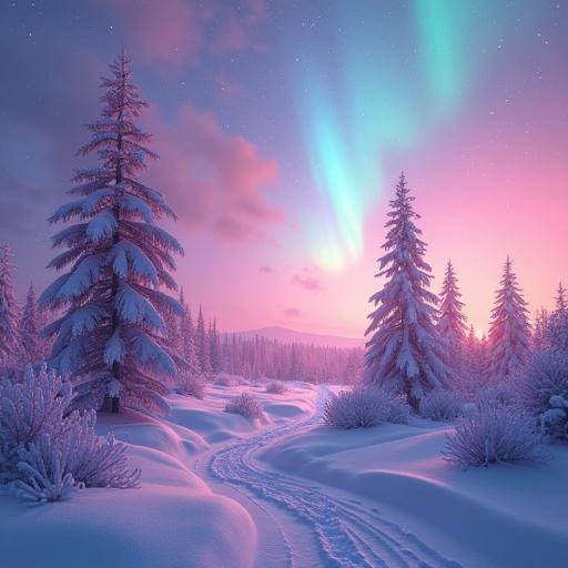 A snowy landscape illuminated by the aurora borealis with pink and purple hues in the sky. Snow-covered trees surround a winding path through the snowy ground.