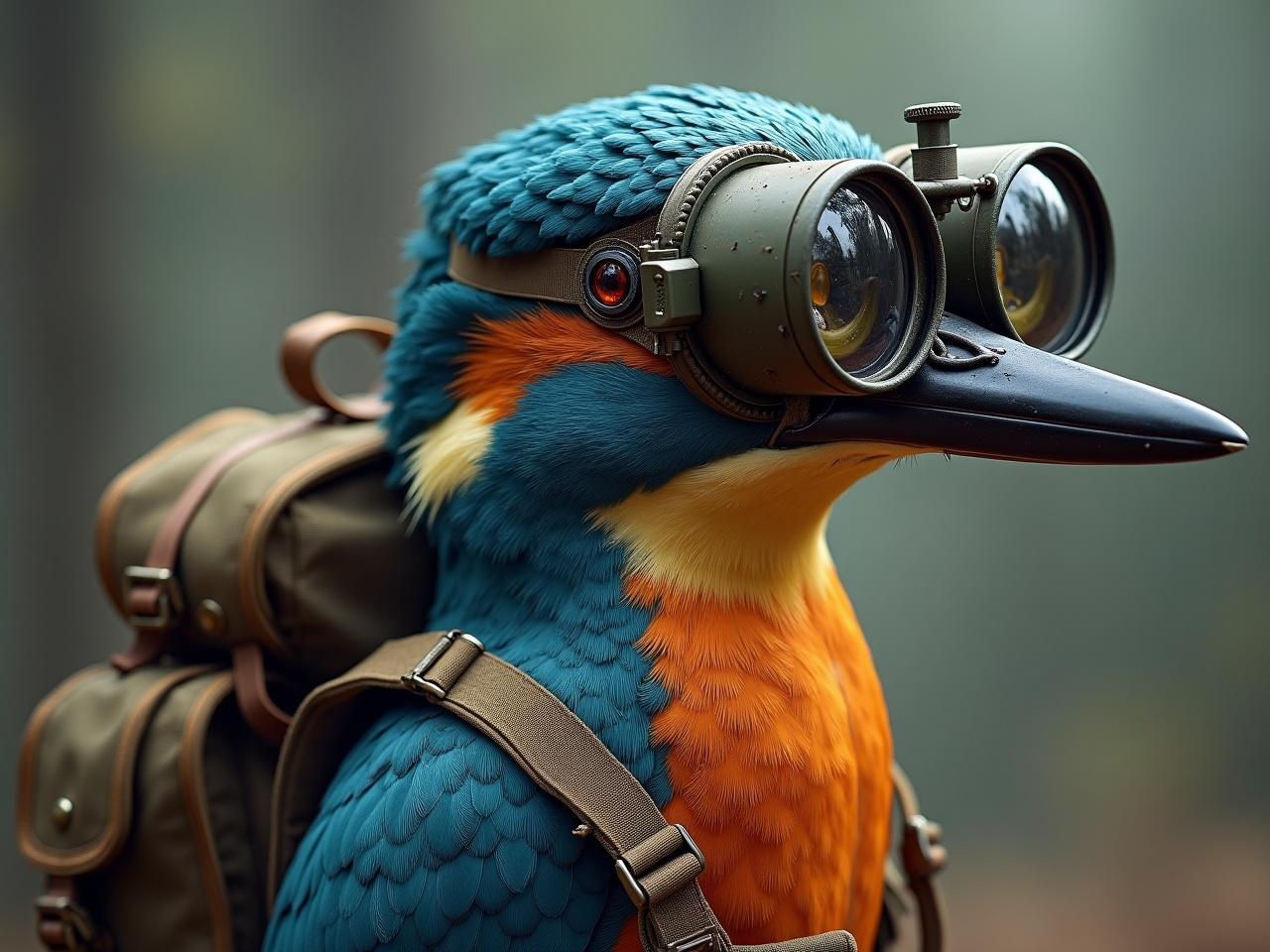 The image features a kingfisher bird dressed in unique night vision goggles with two lenses, enhancing its vibrant appearance. This colorful bird has a striking blue and orange plumage, embodying the beauty of nature. It is also equipped with an army-style backpack, showcasing a blend of military and wildlife themes. The design draws inspiration from traditional Russian folk art, adding a cultural touch. The background is softly blurred, creating a focus on the bird's whimsical attire and details while evoking a sense of adventure and fun.