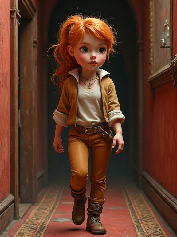 3D pastel illustration of a short ginger thief in a mansion corridor. She wears tight tan leather trousers and has no blouse. Background features red and tan colors. Character has messy copper hair and freckles.