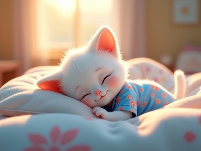A cute white kitten sleeps on a cozy bed. The kitten wears blue pajamas with floral patterns. The light is soft and warm. Bokeh effects are seen in the background. The image has a Pixar animation style.