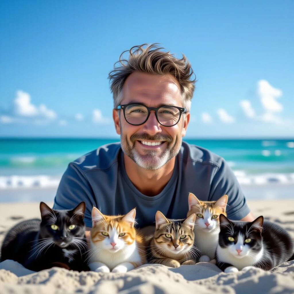 Picture of a middle-aged man with glasses and little hair on a beach. Several cats are around him. The background shows the ocean and fluffy clouds.