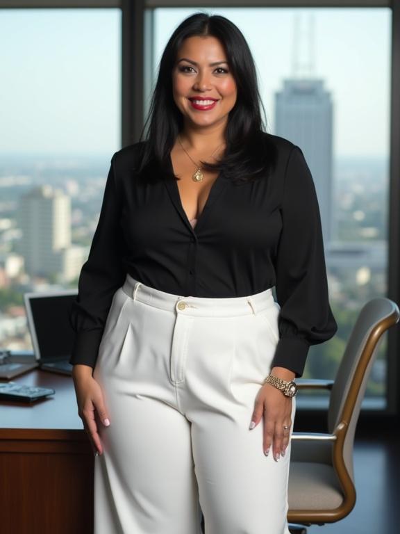 Confident Latina woman in office attire standing in a corporate setting. She has straight black hair and wears a fitted black shirt with white wide-leg pants and high heels. A cityscape is visible through the large window behind her.