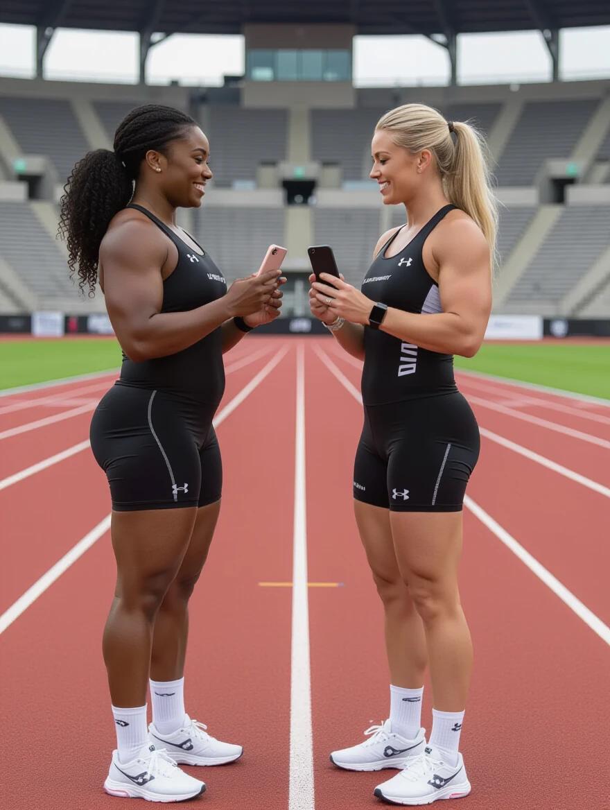 Two muscular women stand on a running track. One woman has black skin and curly hair. The other woman has white skin and straight blonde hair. They wear black body suits and white socks. Both use iPhones. The stadium is empty and set in the morning.